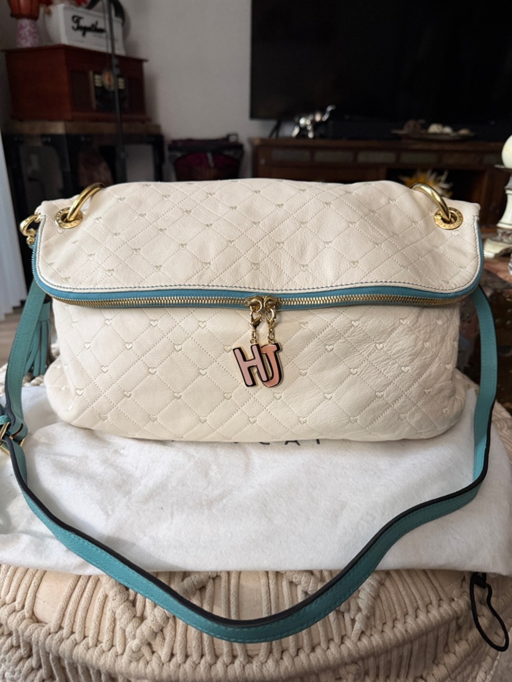 Cream Quilted Shoulder Bag with Teal Trim and Gold Initial Charms